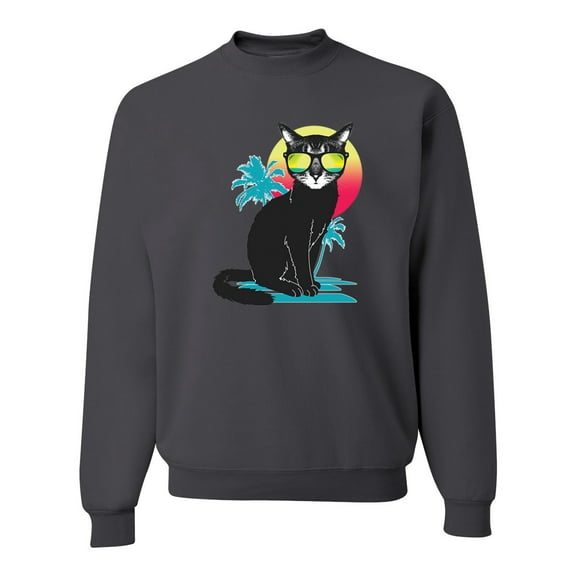 Wild Bobby, Cool California Beach Kitten Silhouette Sun Cat | Mens Cat Lover Crewneck Graphic Sweatshirt, Charcoal, Small