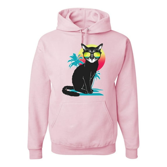 Wild Bobby, Cool California Beach Kitten Silhouette Sun Cat | Mens Cat Lover Hooded Sweatshirt Graphic Hoodie, Light Pink, Small