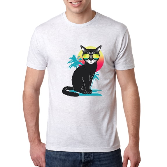 Wild Bobby, Cool California Beach Kitten Silhouette Sun Cat | Mens Cat Lover Premium Tri Blend T-Shirt, Heather White, Small