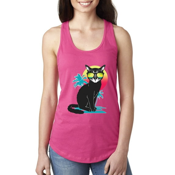 Wild Bobby, Cool California Beach Kitten Silhouette Sun Cat | Womens Cat Lover Jersey Racerback Tank Top, Raspberry, Large