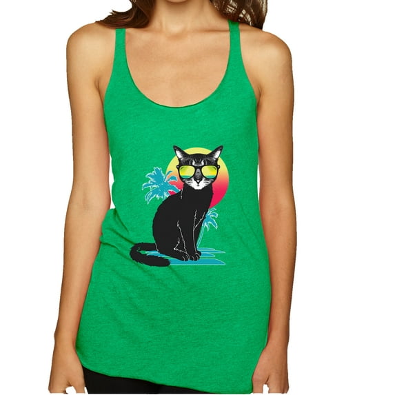 Wild Bobby, Cool California Beach Kitten Silhouette Sun Cat | Womens Cat Lover Premium Tri-Blend Racerback Tank Top, Envy, Large