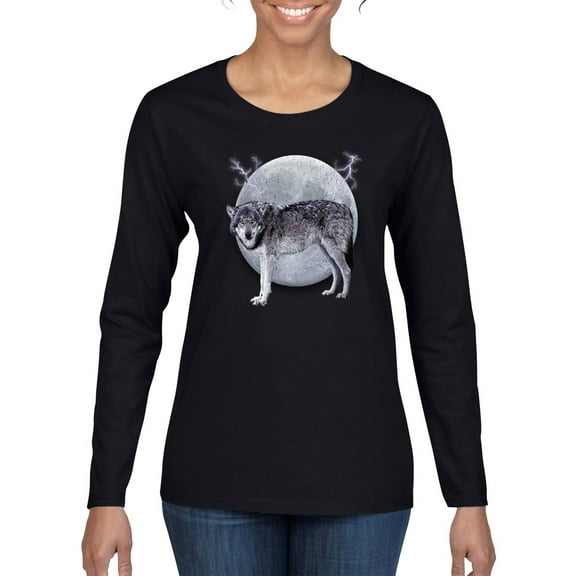 Wild Bobby Full Moon Cute Arctic Mountain Snow Dire Wolf Women Graphic Long Sleeve Tee