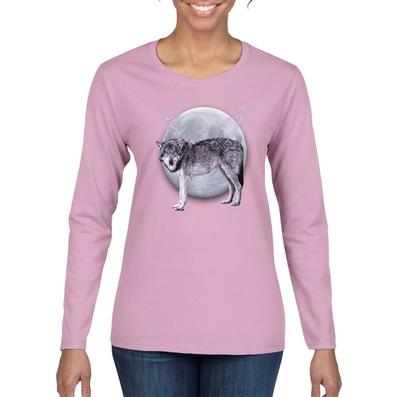 Wild Bobby Full Moon Cute Arctic Mountain Snow Dire Wolf Women Graphic Long Sleeve Tee