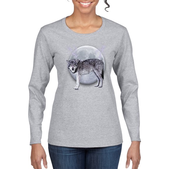 Wild Bobby Full Moon Cute Arctic Mountain Snow Dire Wolf Women Graphic Long Sleeve Tee