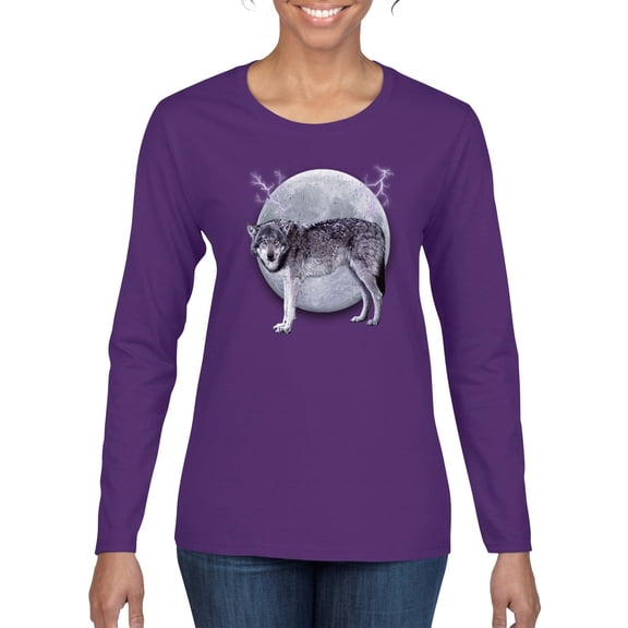 Wild Bobby Full Moon Cute Arctic Mountain Snow Dire Wolf Women Graphic Long Sleeve Tee