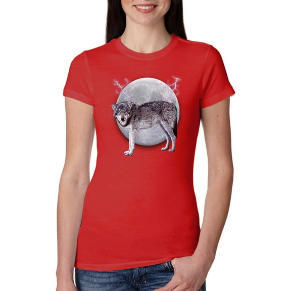 Wild Bobby Full Moon Cute Arctic Mountain Snow Dire Wolf Women Slim Fit Junior Tee