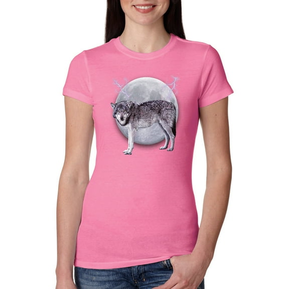 Wild Bobby Full Moon Cute Arctic Mountain Snow Dire Wolf Women Slim Fit Junior Tee