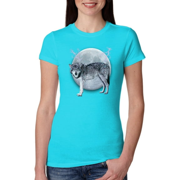 Wild Bobby Full Moon Cute Arctic Mountain Snow Dire Wolf Women Slim Fit Junior Tee