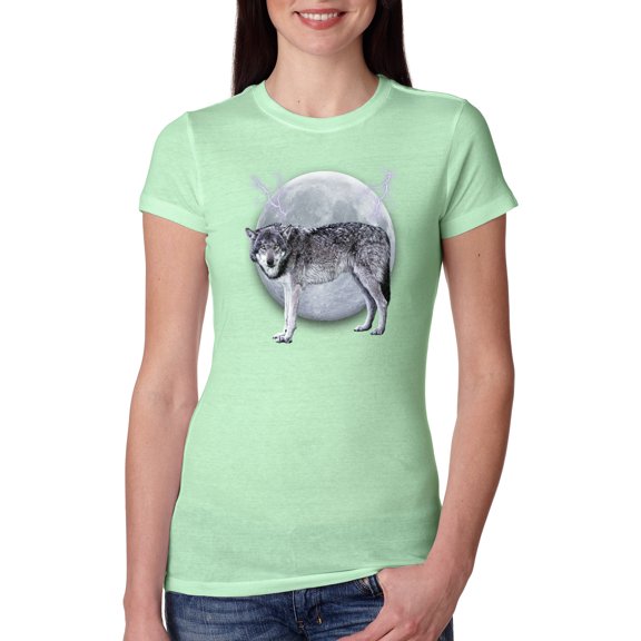 Wild Bobby Full Moon Cute Arctic Mountain Snow Dire Wolf Women Slim Fit Junior Tee