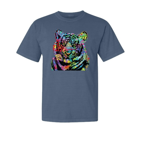 Wild Bobby,Cool Rainbow Neon Trippy Jungle Tiger Eyes Animal Lover Garment-Dyed Washed Look Short Sleeve Tees, Navy, Medium