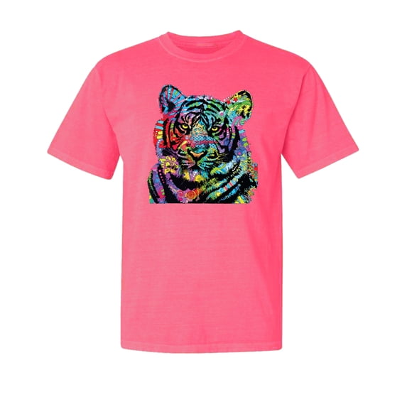 Wild Bobby,Cool Rainbow Neon Trippy Jungle Tiger Eyes Animal Lover Garment-Dyed Washed Look Short Sleeve Tees, Neon Pink, 2XL