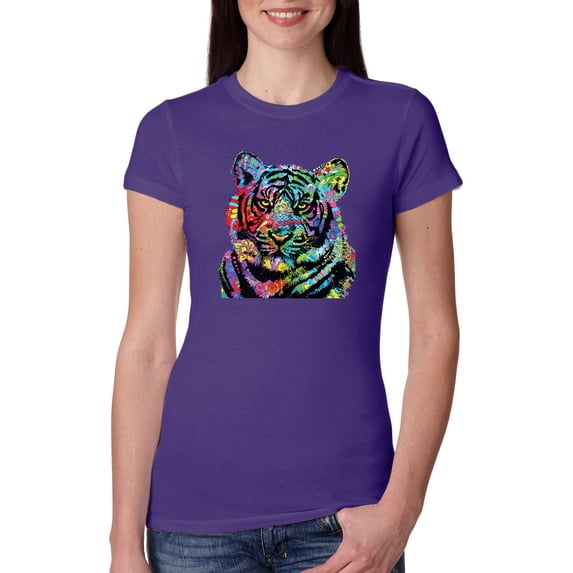 Cool Rainbow Neon Trippy Jungle Tiger Eyes Animal Lover Womens Slim Fit Junior Tee, Purple Rush, X-Large
