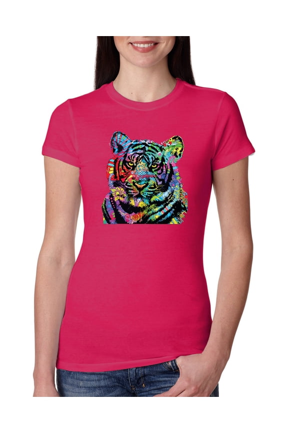 , Cool Rainbow Neon Trippy Jungle Tiger Eyes Animal Lover Womens Slim Fit Junior Tee, Raspberry, Large
