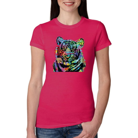 Wild Bobby, Cool Rainbow Neon Trippy Jungle Tiger Eyes Animal Lover Womens Slim Fit Junior Tee, Raspberry, X-Large