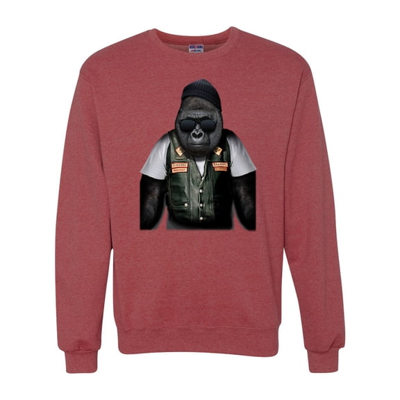 Wild Bobby, Cool Silverback Gorilla with Sunglasses and Biker Vest | Mens Animal Lover Crewneck Graphic Sweatshirt, Vintage Heather Red, 2XL