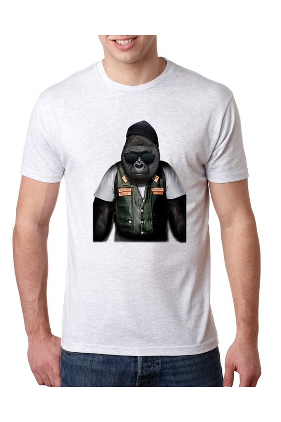 , Cool Silverback Gorilla with Sunglasses and Biker Vest | Mens Animal Lover Premium Tri Blend T-Shirt, Heather White, Large