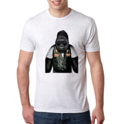 Wild Bobby, Cool Silverback Gorilla with Sunglasses and Biker Vest | Mens Animal Lover Premium Tri Blend T-Shirt, Heather White, Medium