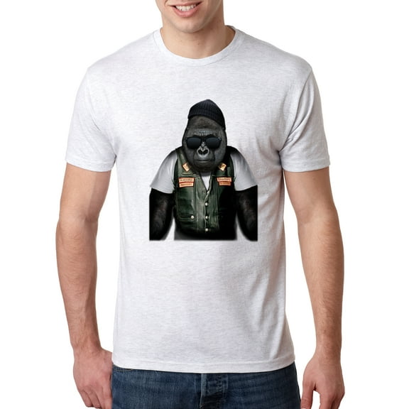 Wild Bobby, Cool Silverback Gorilla with Sunglasses and Biker Vest | Mens Animal Lover Premium Tri Blend T-Shirt, Heather White, Small