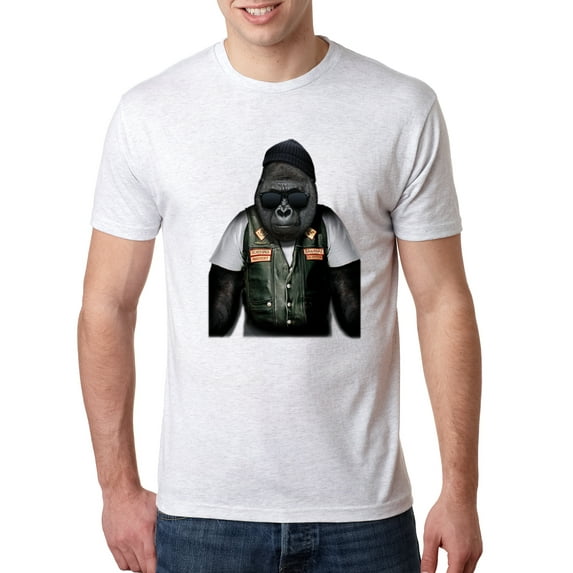 Wild Bobby, Cool Silverback Gorilla with Sunglasses and Biker Vest | Mens Animal Lover Premium Tri Blend T-Shirt, Heather White, Small