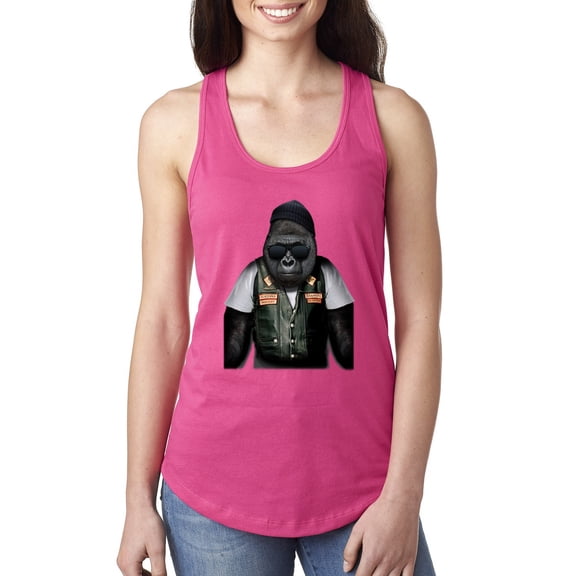 Wild Bobby, Cool Silverback Gorilla with Sunglasses and Biker Vest | Womens Animal Lover Jersey Racerback Tank Top, Raspberry, X-Large