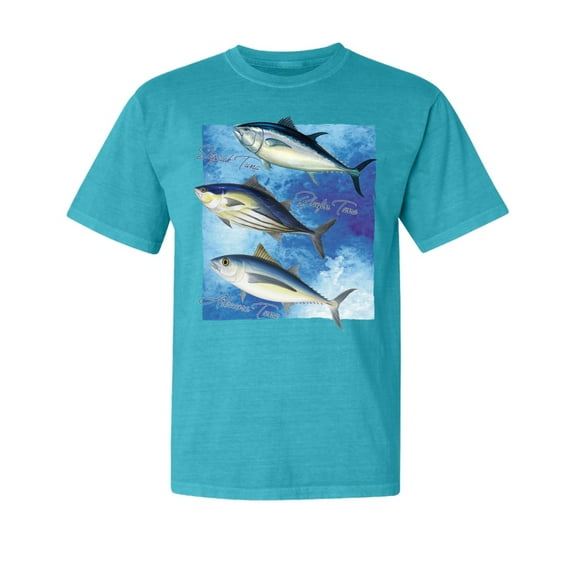 Wild Bobby, Cool Skipjack Bluefin Albacore Tuna, Fish, Trio Garment-Dyed Washed Look Short Sleeve Tees, Blue Lagoon, Small