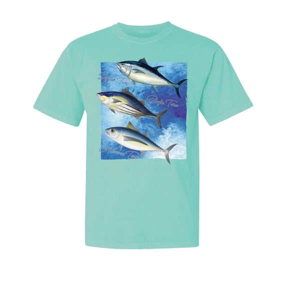 Wild Bobby, Cool Skipjack Bluefin Albacore Tuna, Fish, Trio Garment-Dyed Washed Look Short Sleeve Tees, Mint, Small