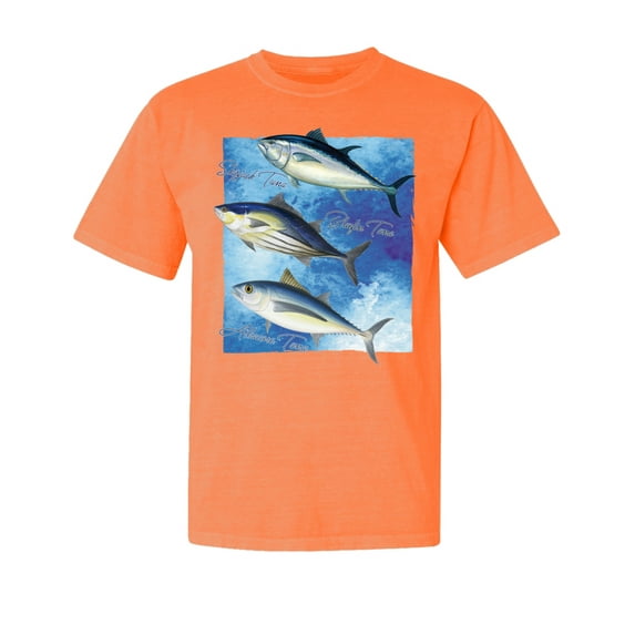 Wild Bobby, Cool Skipjack Bluefin Albacore Tuna, Fish, Trio Garment-Dyed Washed Look Short Sleeve Tees, Neon Orange, 2XL