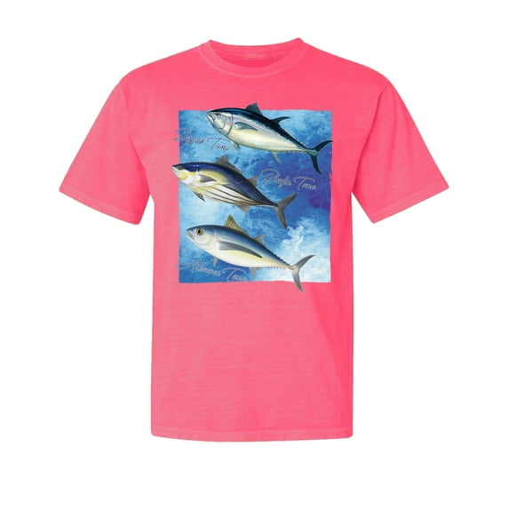 Wild Bobby, Cool Skipjack Bluefin Albacore Tuna, Fish, Trio Garment-Dyed Washed Look Short Sleeve Tees, Neon Pink, Small