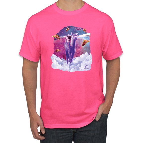 Wild Bobby, Cosmic Pug Riding Alpacacorn with Laser Eyes, Animal Lover, Men Graphic Tees, Neon Pink, Small
