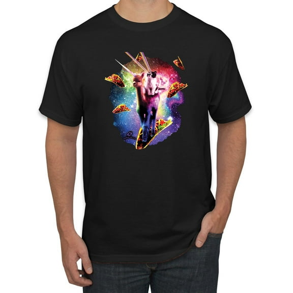 Wild Bobby, Cosmic Trippy Cat Riding Llamacorn in Space, Animal Lover, Men Graphic Tees, Black, Medium