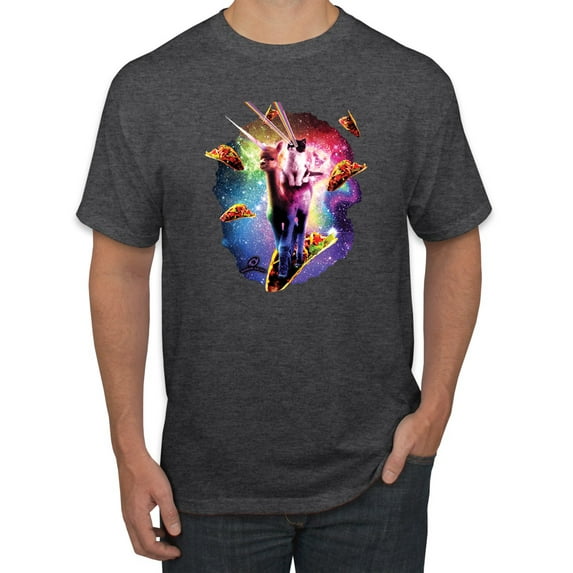 Wild Bobby, Cosmic Trippy Cat Riding Llamacorn in Space, Animal Lover, Men Graphic Tees, Heather Black, Medium