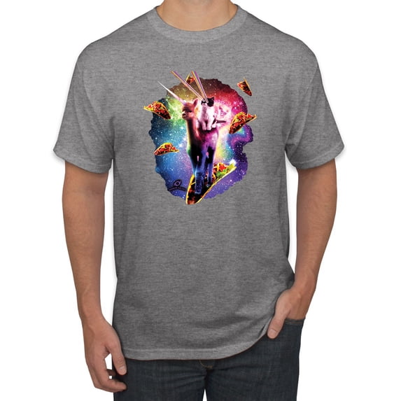Wild Bobby, Cosmic Trippy Cat Riding Llamacorn in Space, Animal Lover, Men Graphic Tees, Heather Grey, 4XL