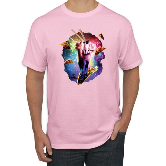 Wild Bobby, Cosmic Trippy Cat Riding Llamacorn in Space, Animal Lover, Men Graphic Tees, Light Pink, Small