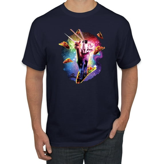 Wild Bobby, Cosmic Trippy Cat Riding Llamacorn in Space, Animal Lover, Men Graphic Tees, Navy, X-Large