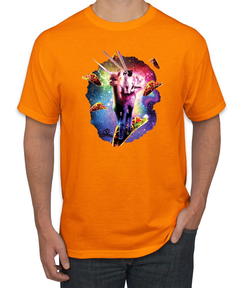 Wild Bobby Cosmic Trippy Cat Riding Llamacorn in Space Animal Lover Men Graphic Tees Orange 2XL
