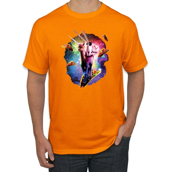 Wild Bobby, Cosmic Trippy Cat Riding Llamacorn in Space, Animal Lover, Men Graphic Tees, Orange, 2XL