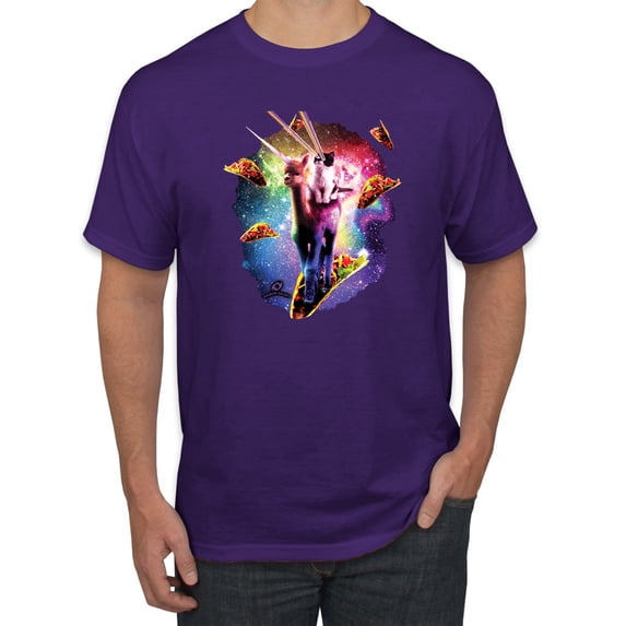 Wild Bobby, Cosmic Trippy Cat Riding Llamacorn in Space, Animal Lover, Men Graphic Tees, Purple, X-Large