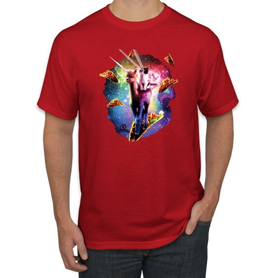 Wild Bobby, Cosmic Trippy Cat Riding Llamacorn in Space, Animal Lover, Men Graphic Tees, Red, 5XL