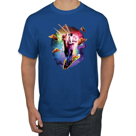 Wild Bobby, Cosmic Trippy Cat Riding Llamacorn in Space, Animal Lover, Men Graphic Tees, Royal, 4XL