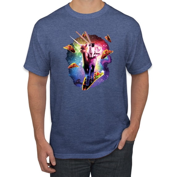 Wild Bobby, Cosmic Trippy Cat Riding Llamacorn in Space, Animal Lover, Men Graphic Tees, Vintage Heather Blue, 4XL