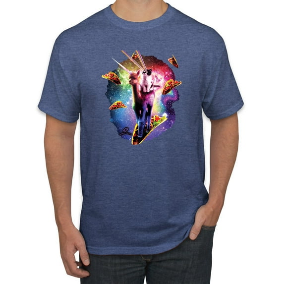 Wild Bobby, Cosmic Trippy Cat Riding Llamacorn in Space, Animal Lover, Men Graphic Tees, Vintage Heather Blue, X-Large