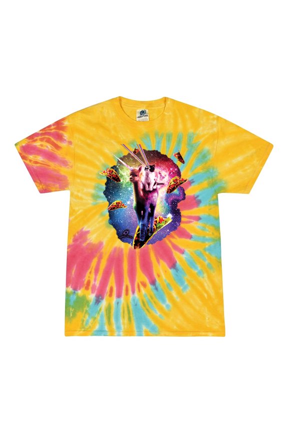 , Cosmic Trippy Cat Riding Llamacorn in Space, Animal Lover, Tie-Dye Tees, Aurora, Medium