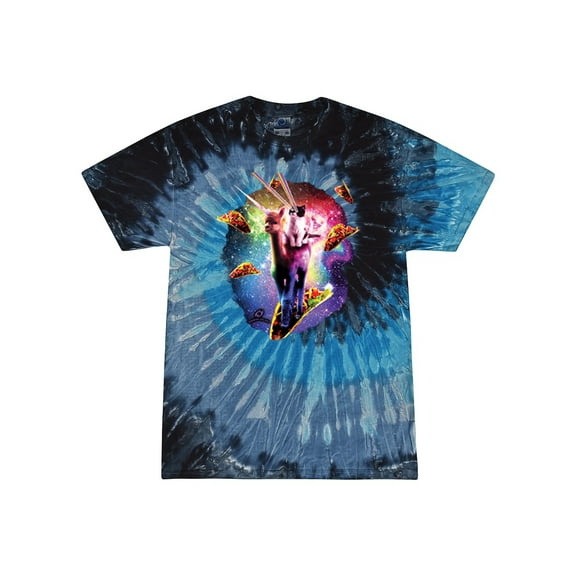 Wild Bobby, Cosmic Trippy Cat Riding Llamacorn in Space, Animal Lover, Tie-Dye Tees, Evening Sky, Large