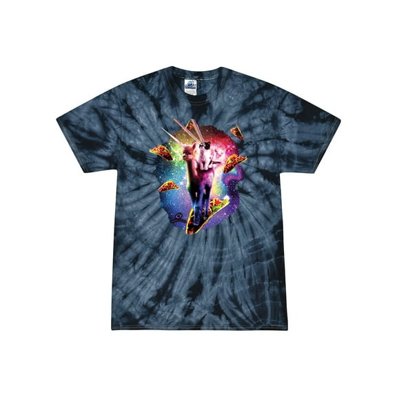 Wild Bobby, Cosmic Trippy Cat Riding Llamacorn in Space, Animal Lover, Tie-Dye Tees, Spiral Navy, Large