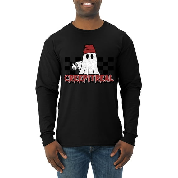 Wild Bobby Creep It Real Ghost Checker Background Halloween Red and Black Halloween Men Long Sleeve Shirt, Black, Small