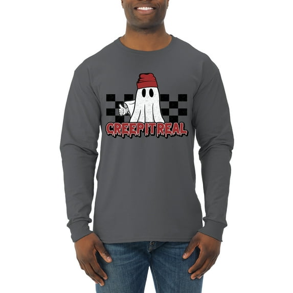 Wild Bobby Creep It Real Ghost Checker Background Halloween Red and Black Halloween Men Long Sleeve Shirt, Charcoal, Medium