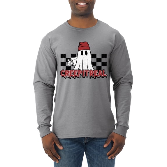 Wild Bobby Creep It Real Ghost Checker Background Halloween Red and Black Halloween Men Long Sleeve Shirt, Heather Grey, Small