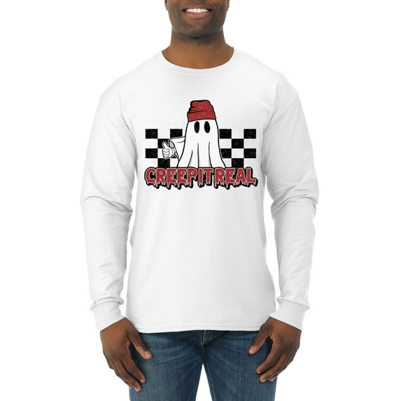Wild Bobby Creep It Real Ghost Checker Background Halloween Red and Black Halloween Men Long Sleeve Shirt, White, X-Large