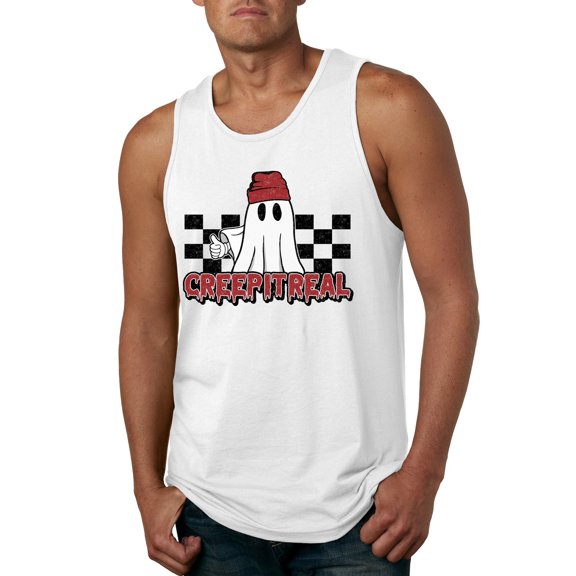 Wild Bobby Creep It Real Ghost Checker Background Halloween Red and Black Halloween Men Tank Top, White, X-Large