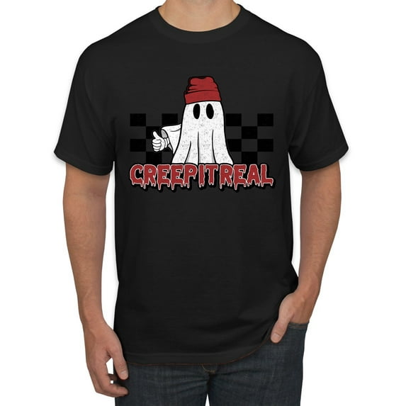 Wild Bobby Creep It Real Ghost Checker Background Halloween Red and Black Halloween Men Tee, Black, Small